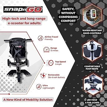 SNAPnGO Three Wheel Portable Electric Scooter for Adults - Aircraft-Grade Aluminum, Top Speeds of 5 mph & 13-Mile Range - Folding & Foldable Scooter - Airline Approved Electric Sit Down Scooter - Image 3