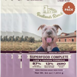 BADLANDS RANCH by Katherine Heigl- Superfood Complete, Air-Dried Adult Dog Food - High Protein, Zero Fillers, Superfood Nutrition (64 Ounce (Pack of 4), Lamb & Venison)