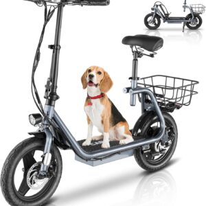 Caroma Electric Scooter with Seat for Adults, Max 30Miles Ranges&20Mph, 500/800/1200W Motor, 14" Fat Tire Foldable Commuter E-Scooter with Basket for Pets & Cargo, 300lbs Max Load